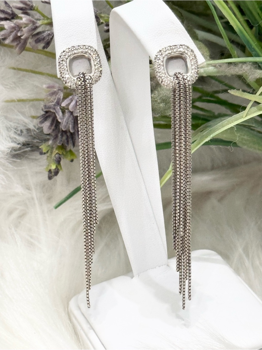 David Yurman Diamond Cushion Dangle Drop Box Chains Tassel Earrings .925